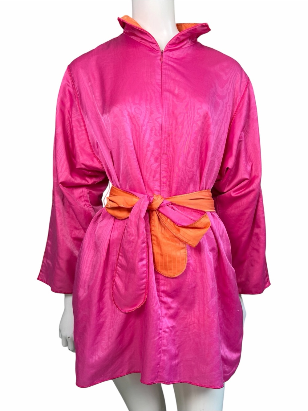 Vintage Fernando Sanchez Fuchsia Orange Satin Colorblock Housecoat Petite